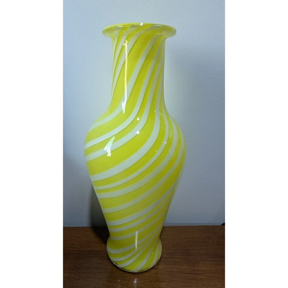 Vintage Yellow White Swirl Art Glass Vase Hand Blown Murano Style 12 Inch Urn